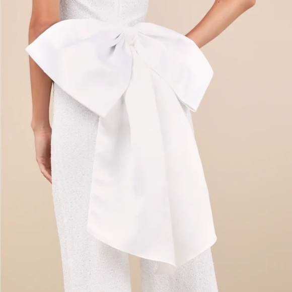 Lulus Mesmerizing Glow White Sequin Removable Bow Wide-leg Jumpsuit - Size XS - Picture 3 of 4
